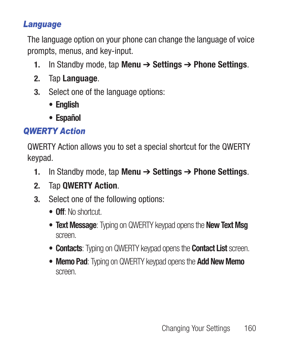 Language, Qwerty action | Samsung SWC-R640LBAXAR User Manual | Page 165 / 250