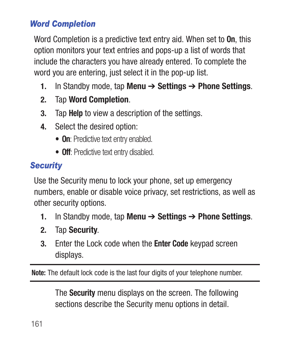 Word completion, Security | Samsung SWC-R640LBAXAR User Manual | Page 166 / 250