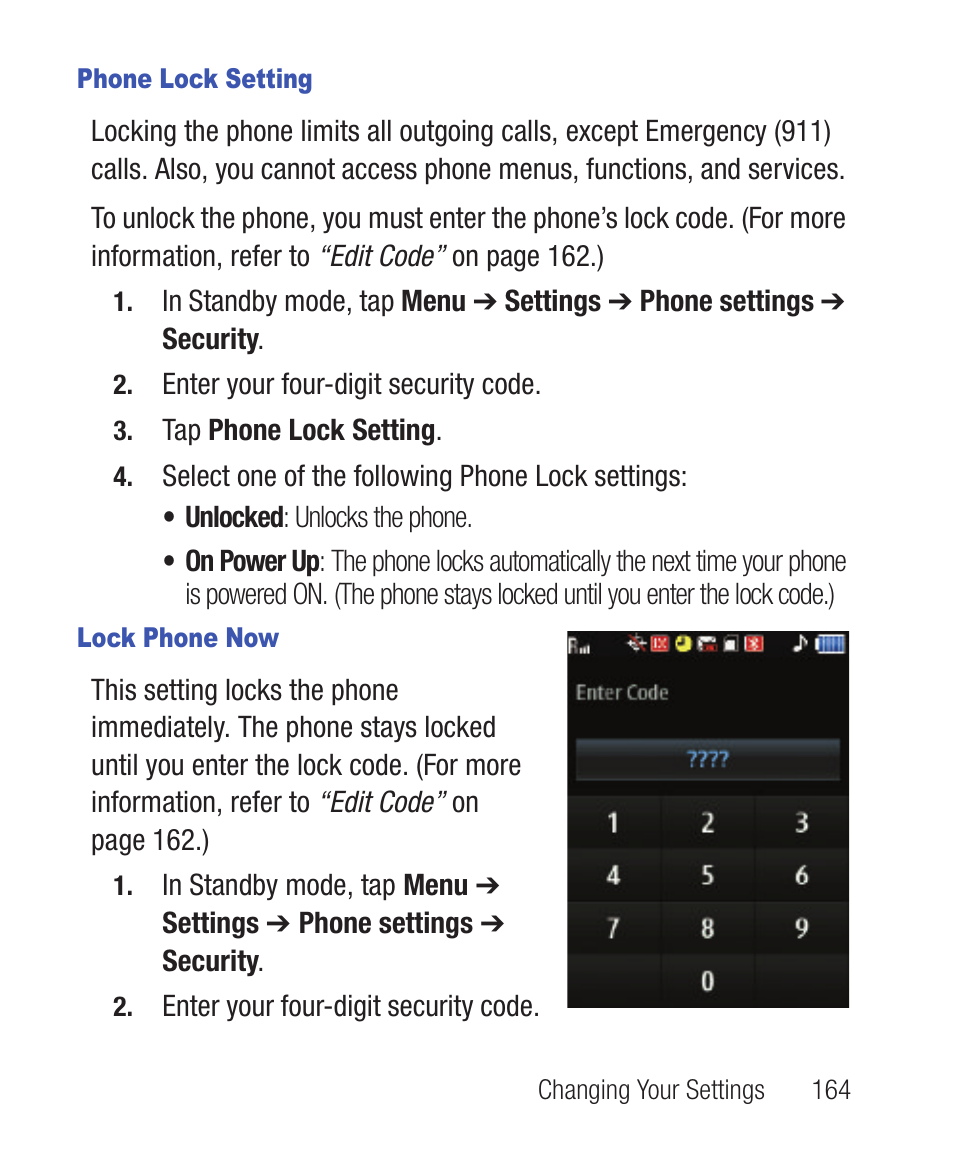 Phone lock setting, Lock phone now | Samsung SWC-R640LBAXAR User Manual | Page 169 / 250