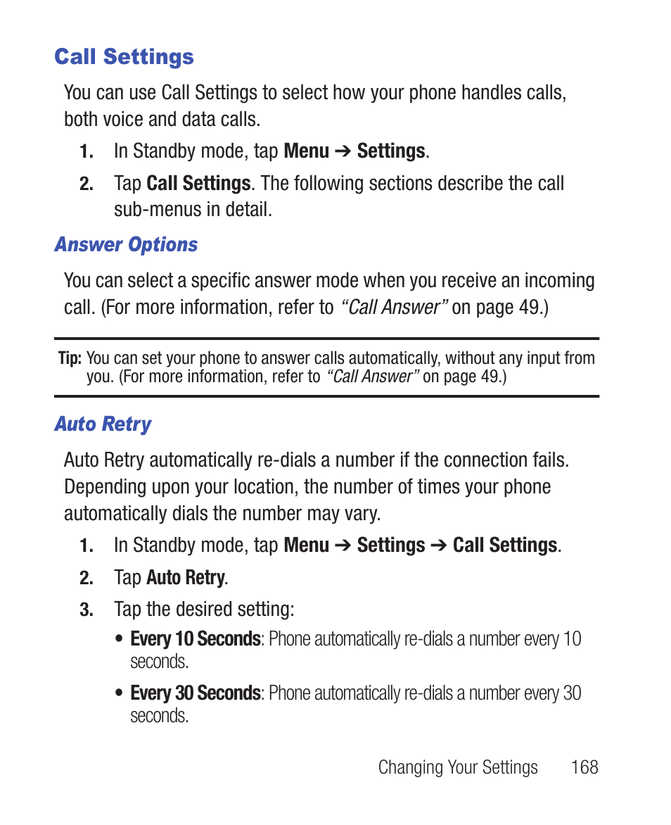 Call settings, Answer options, Auto retry | For more | Samsung SWC-R640LBAXAR User Manual | Page 173 / 250