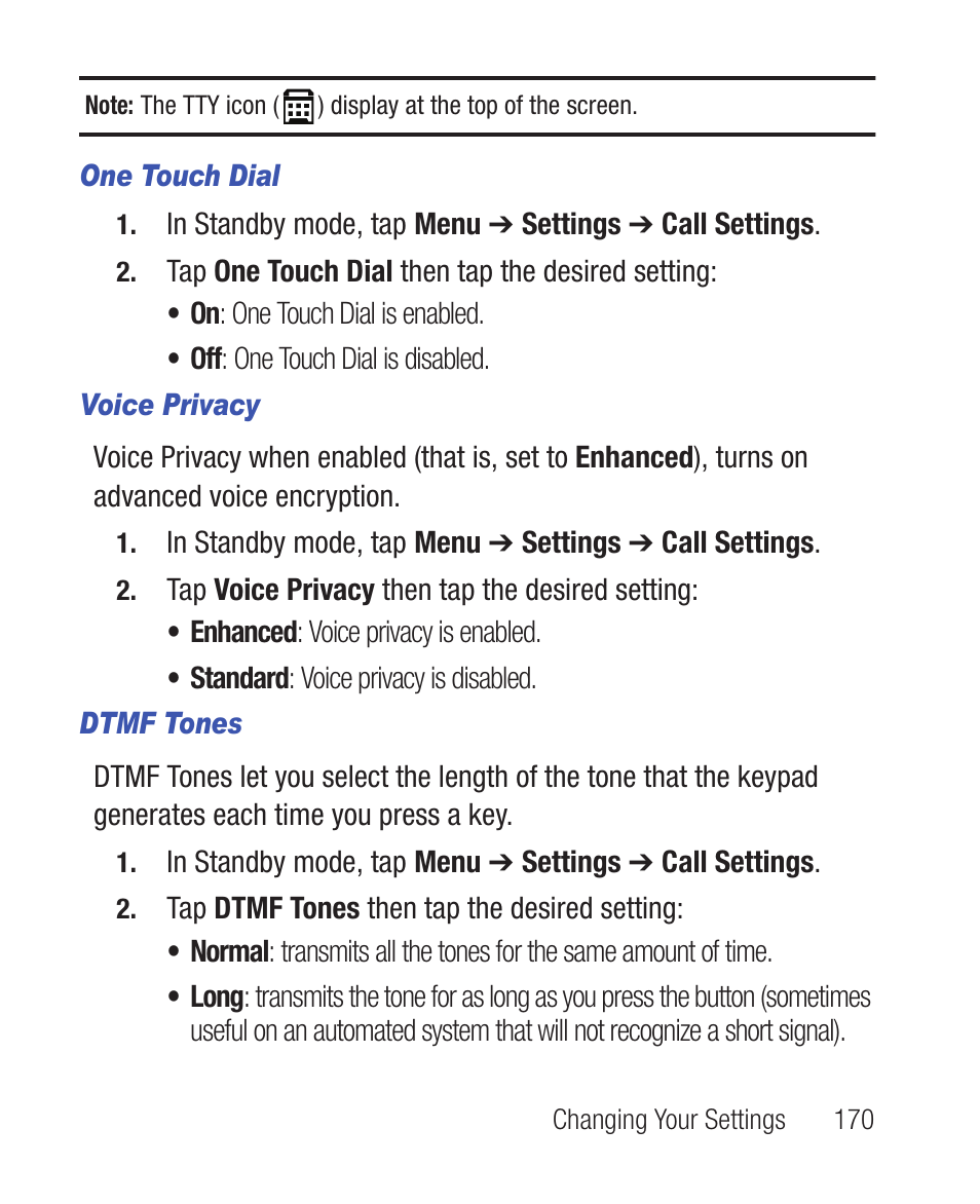 One touch dial, Voice privacy, Dtmf tones | Samsung SWC-R640LBAXAR User Manual | Page 175 / 250