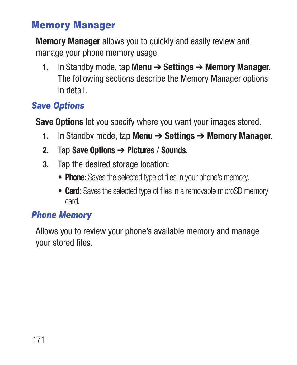 Memory manager, Save options, Phone memory | Samsung SWC-R640LBAXAR User Manual | Page 176 / 250