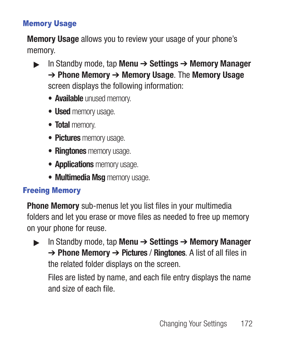 Memory usage, Freeing memory | Samsung SWC-R640LBAXAR User Manual | Page 177 / 250