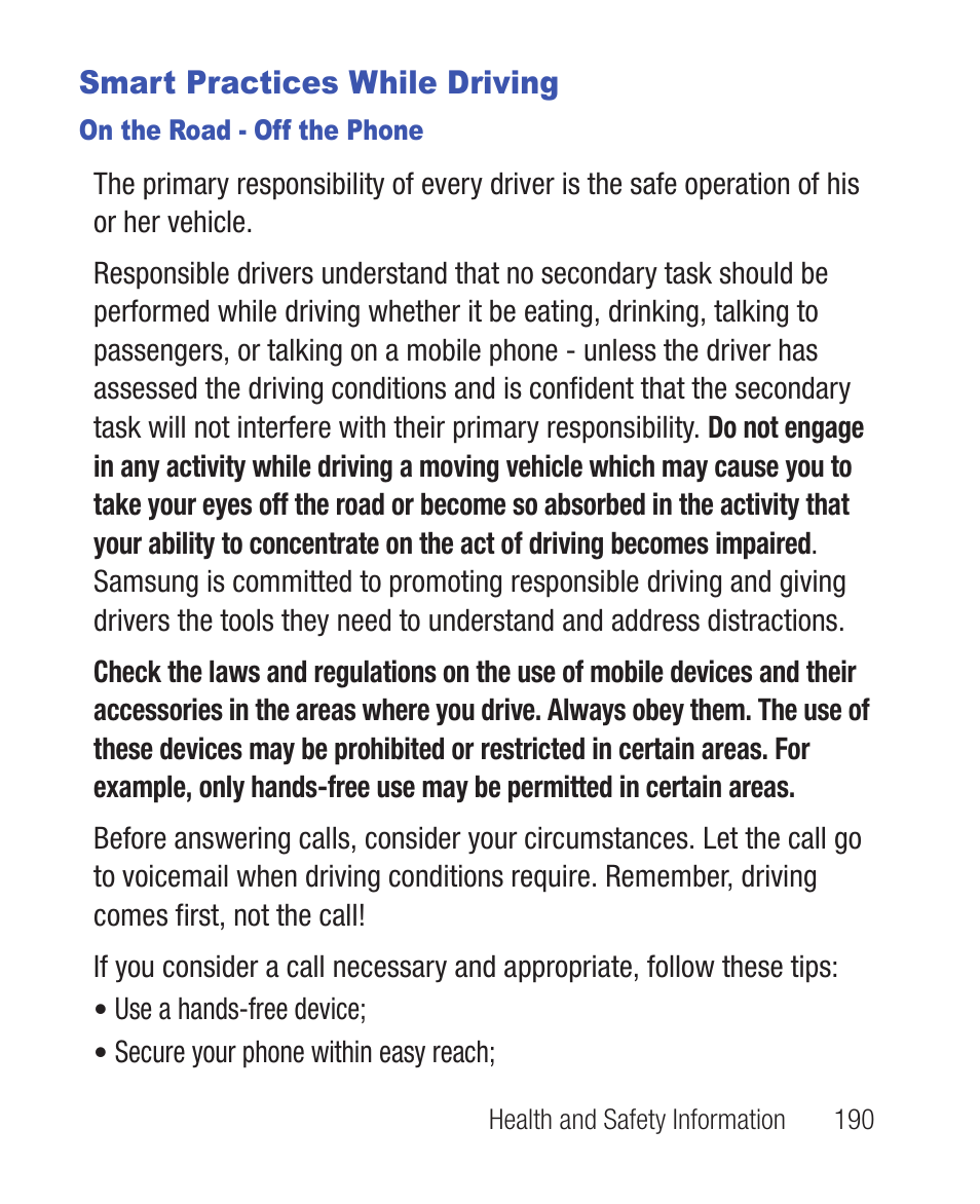 Smart practices while driving, On the road - off the phone | Samsung SWC-R640LBAXAR User Manual | Page 195 / 250