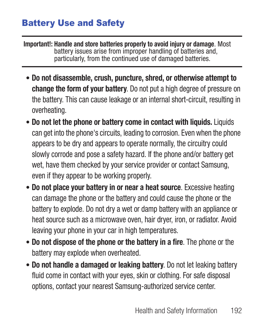 Battery use and safety | Samsung SWC-R640LBAXAR User Manual | Page 197 / 250