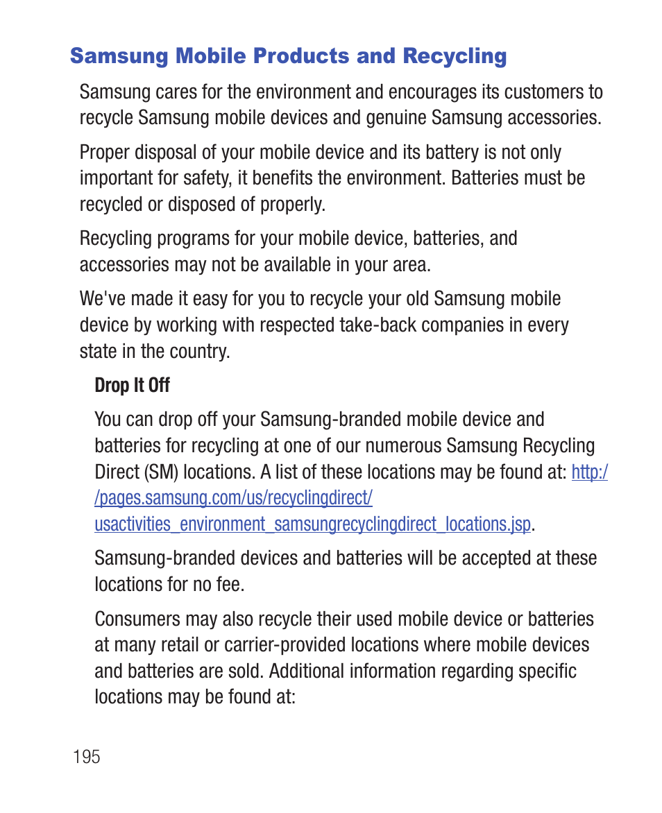 Samsung mobile products and recycling | Samsung SWC-R640LBAXAR User Manual | Page 200 / 250