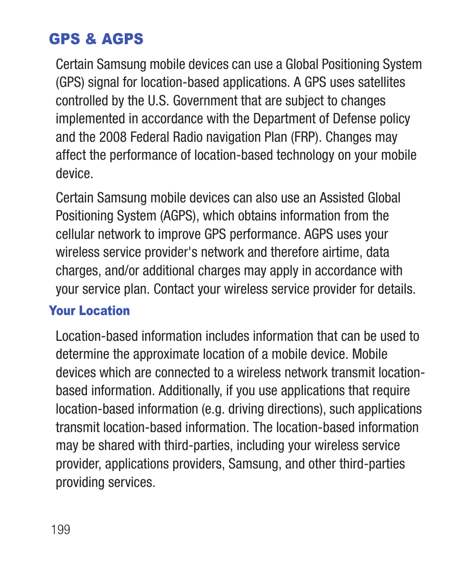 Gps & agps, Your location | Samsung SWC-R640LBAXAR User Manual | Page 204 / 250