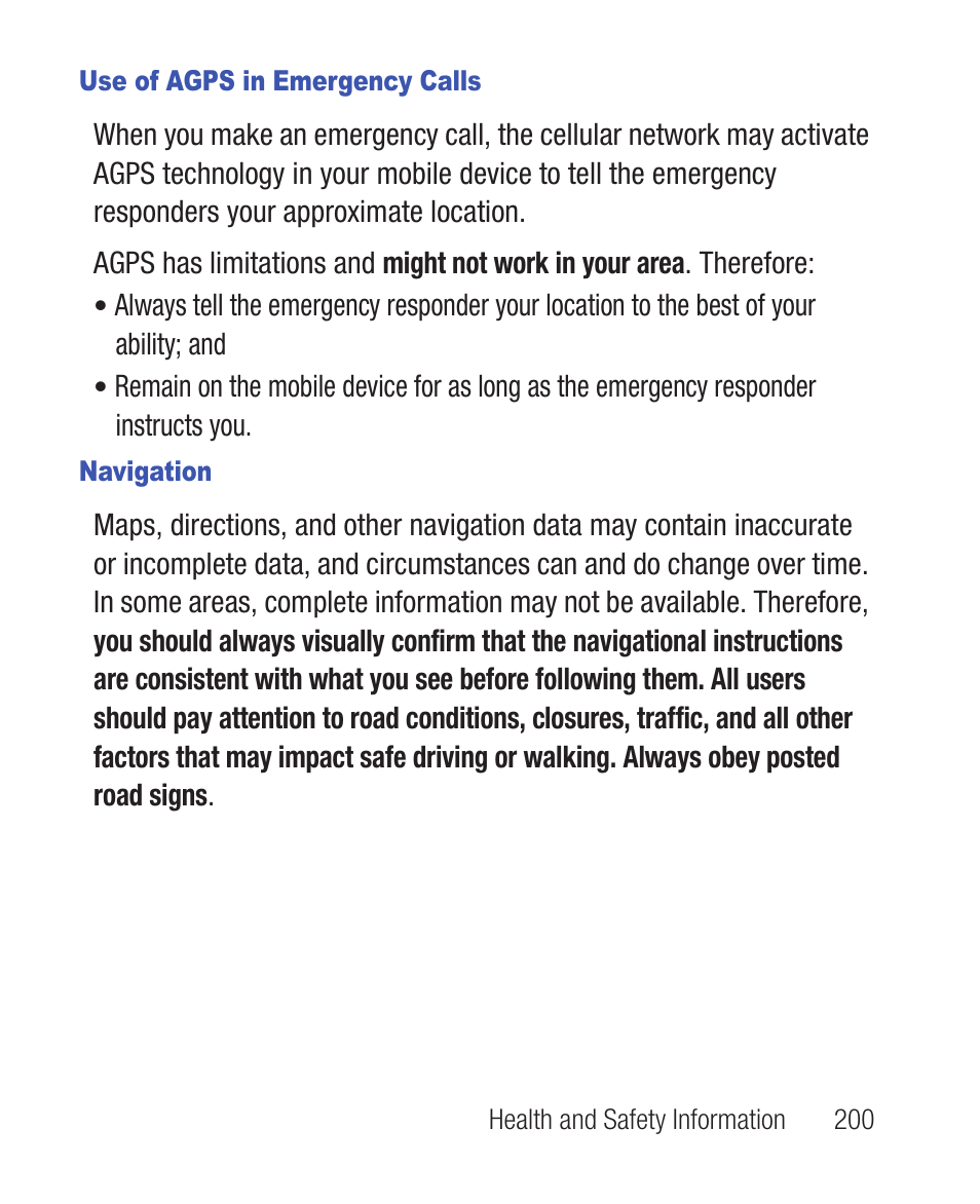 Use of agps in emergency calls, Navigation | Samsung SWC-R640LBAXAR User Manual | Page 205 / 250