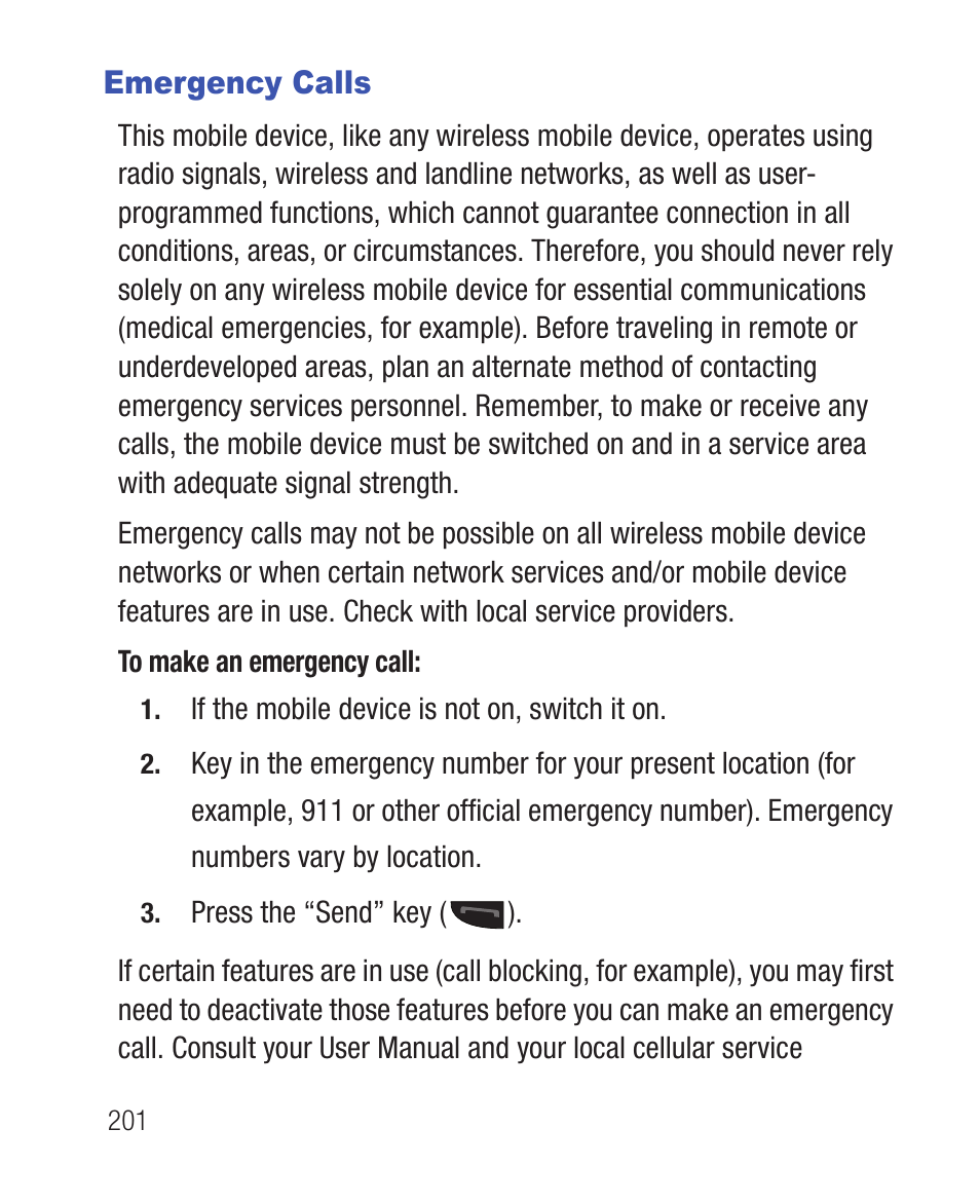 Emergency calls | Samsung SWC-R640LBAXAR User Manual | Page 206 / 250