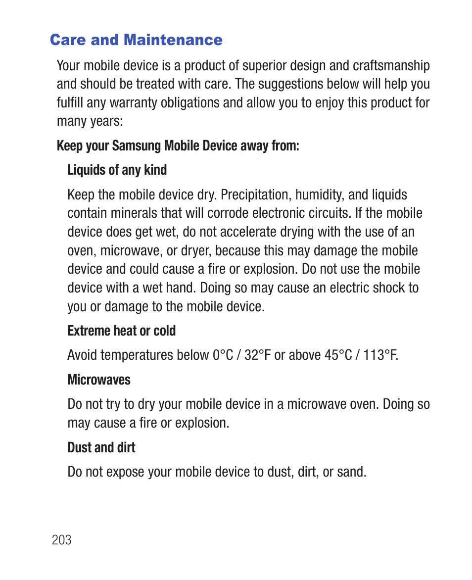 Care and maintenance | Samsung SWC-R640LBAXAR User Manual | Page 208 / 250