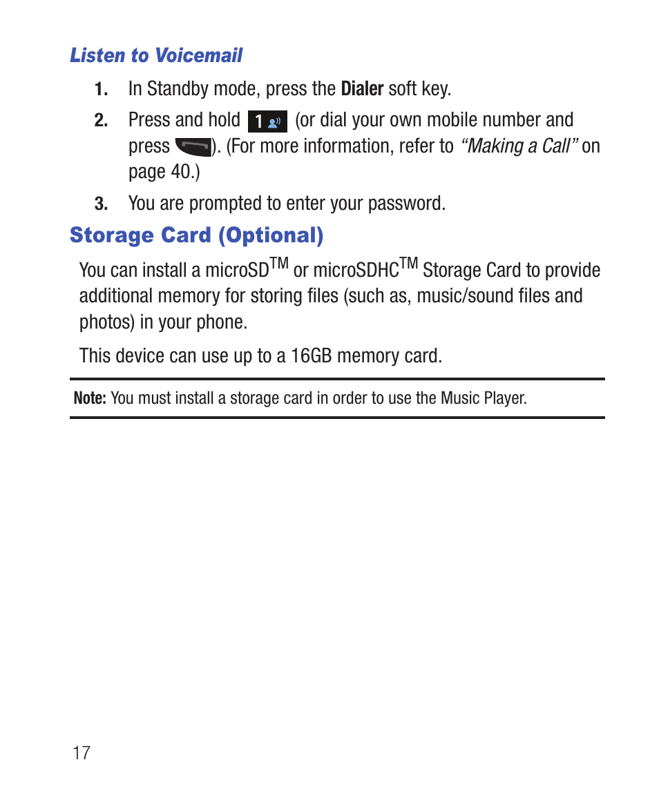 Listen to voicemail, Storage card (optional) | Samsung SWC-R640LBAXAR User Manual | Page 22 / 250