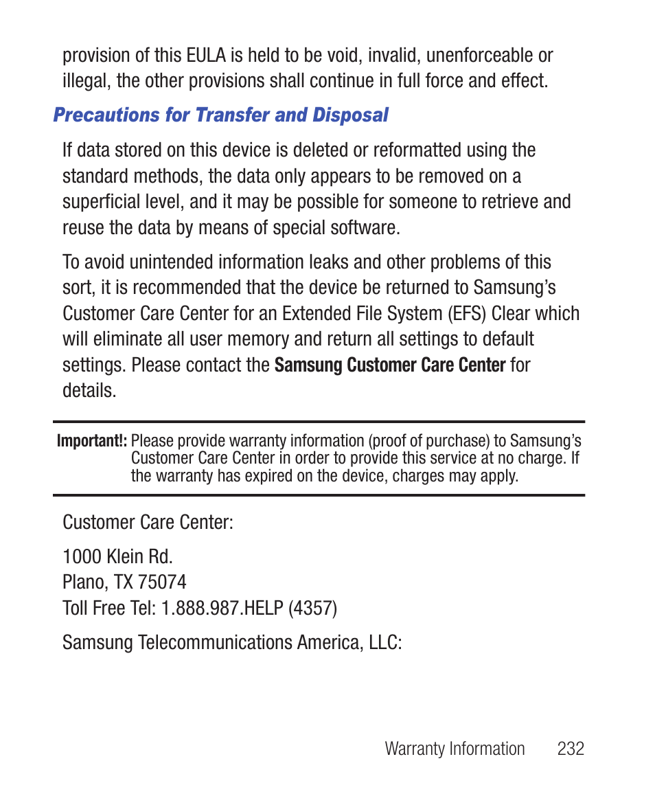 Precautions for transfer and disposal | Samsung SWC-R640LBAXAR User Manual | Page 237 / 250