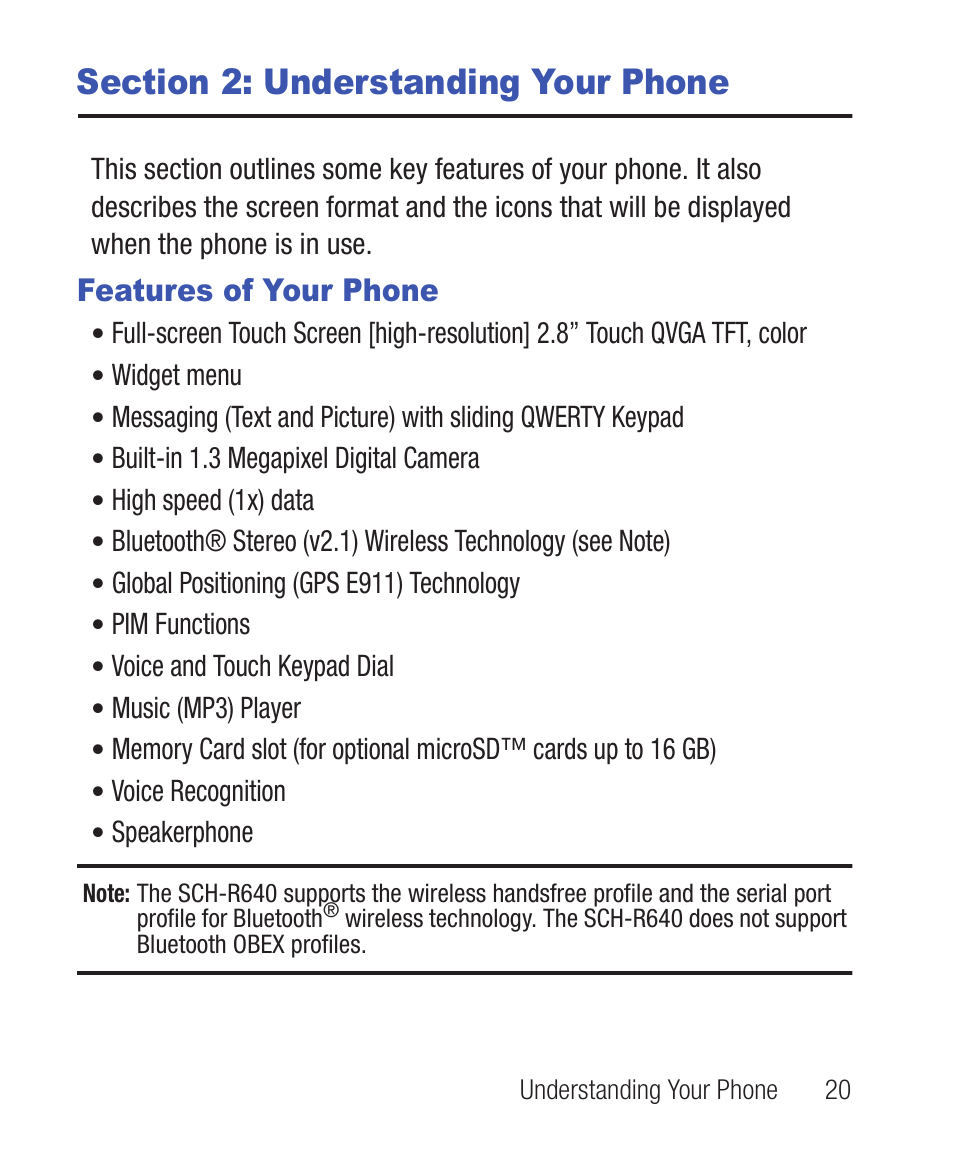 Section 2: understanding your phone, Features of your phone | Samsung SWC-R640LBAXAR User Manual | Page 25 / 250