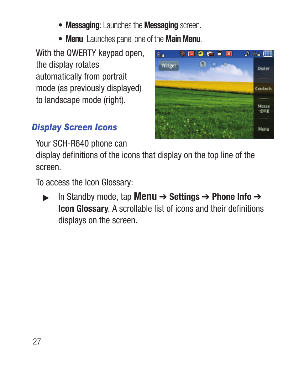 Display screen icons, Menu | Samsung SWC-R640LBAXAR User Manual | Page 32 / 250