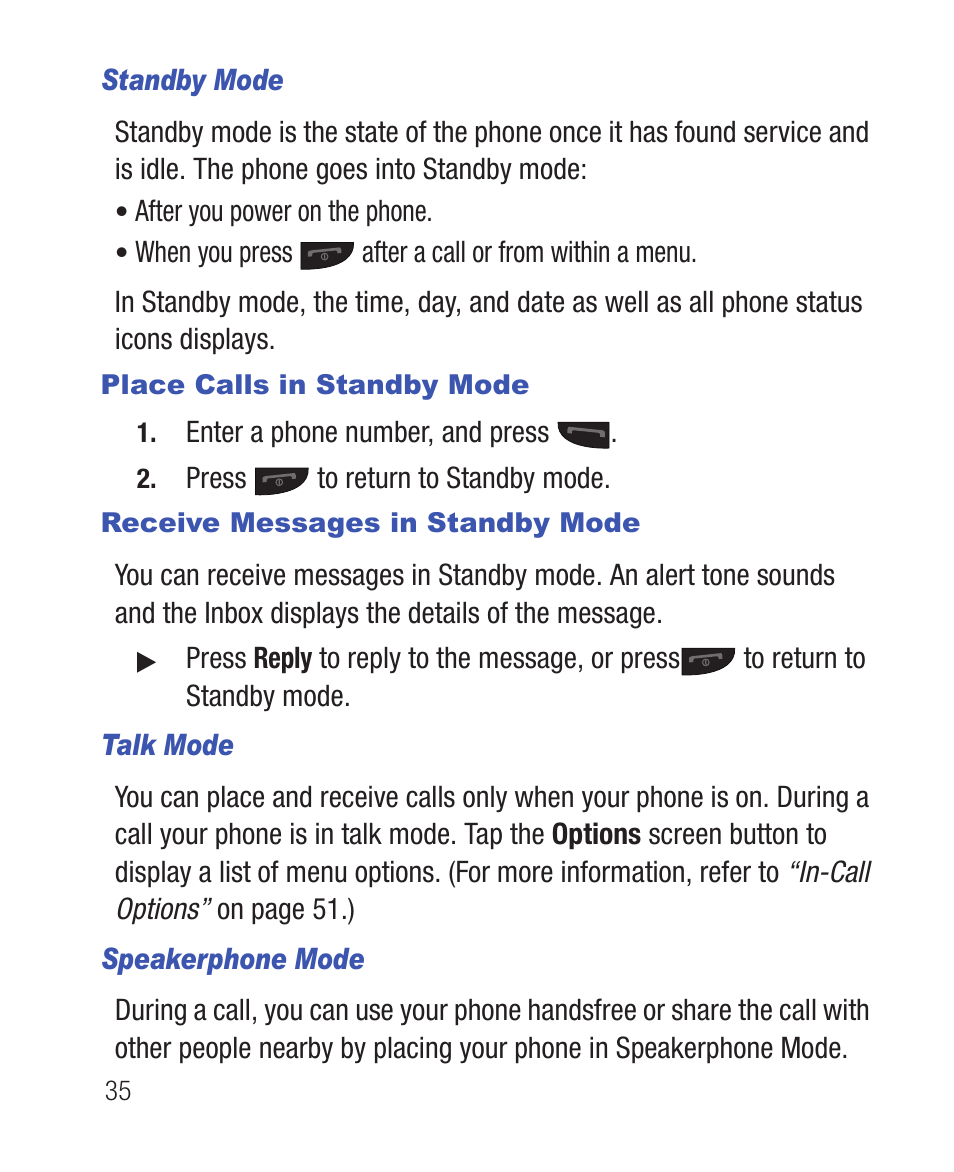 Standby mode, Place calls in standby mode, Receive messages in standby mode | Talk mode, Speakerphone mode | Samsung SWC-R640LBAXAR User Manual | Page 40 / 250