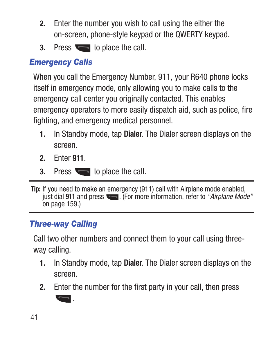 Emergency calls, Three-way calling | Samsung SWC-R640LBAXAR User Manual | Page 46 / 250