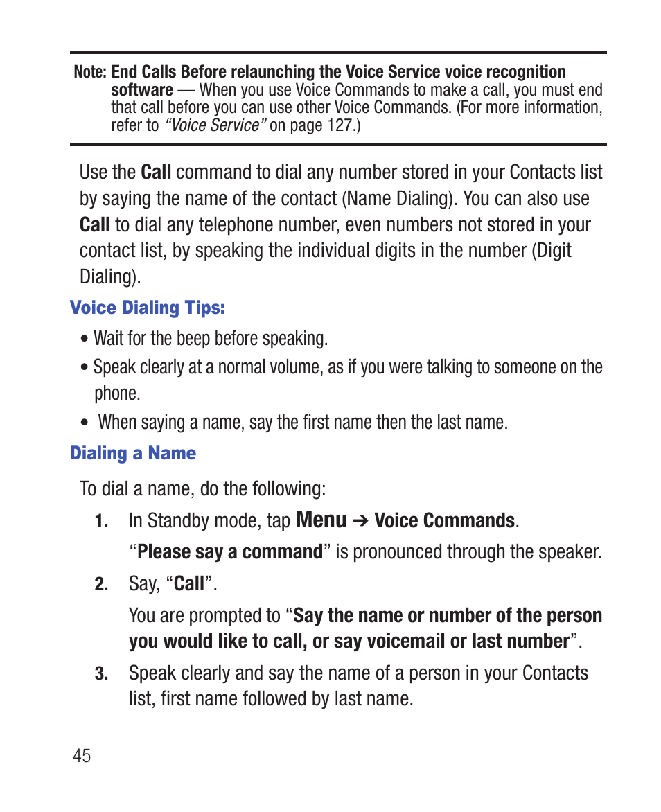 Voice dialing tips, Dialing a name, Menu | Samsung SWC-R640LBAXAR User Manual | Page 50 / 250