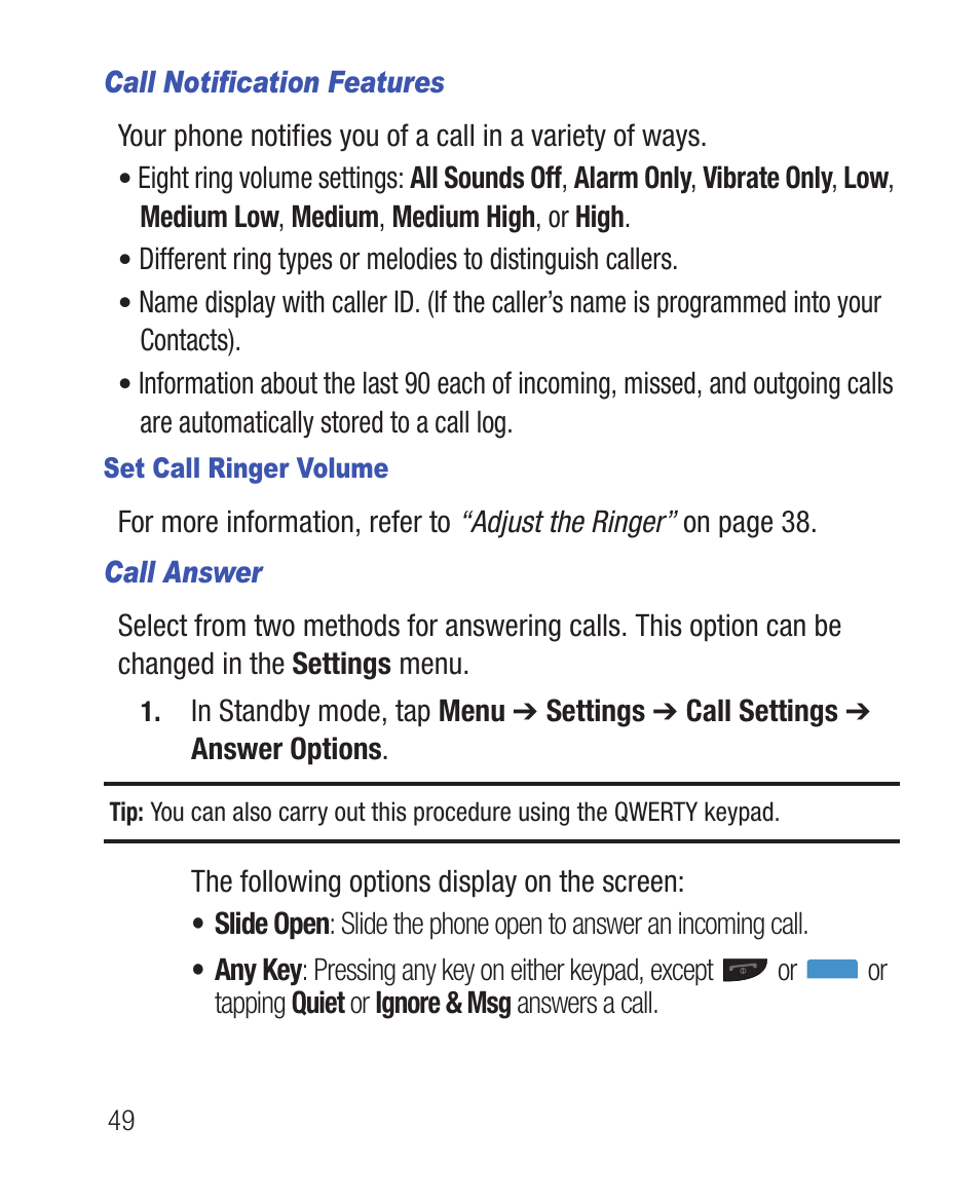 Call notification features, Set call ringer volume, Call answer | Samsung SWC-R640LBAXAR User Manual | Page 54 / 250