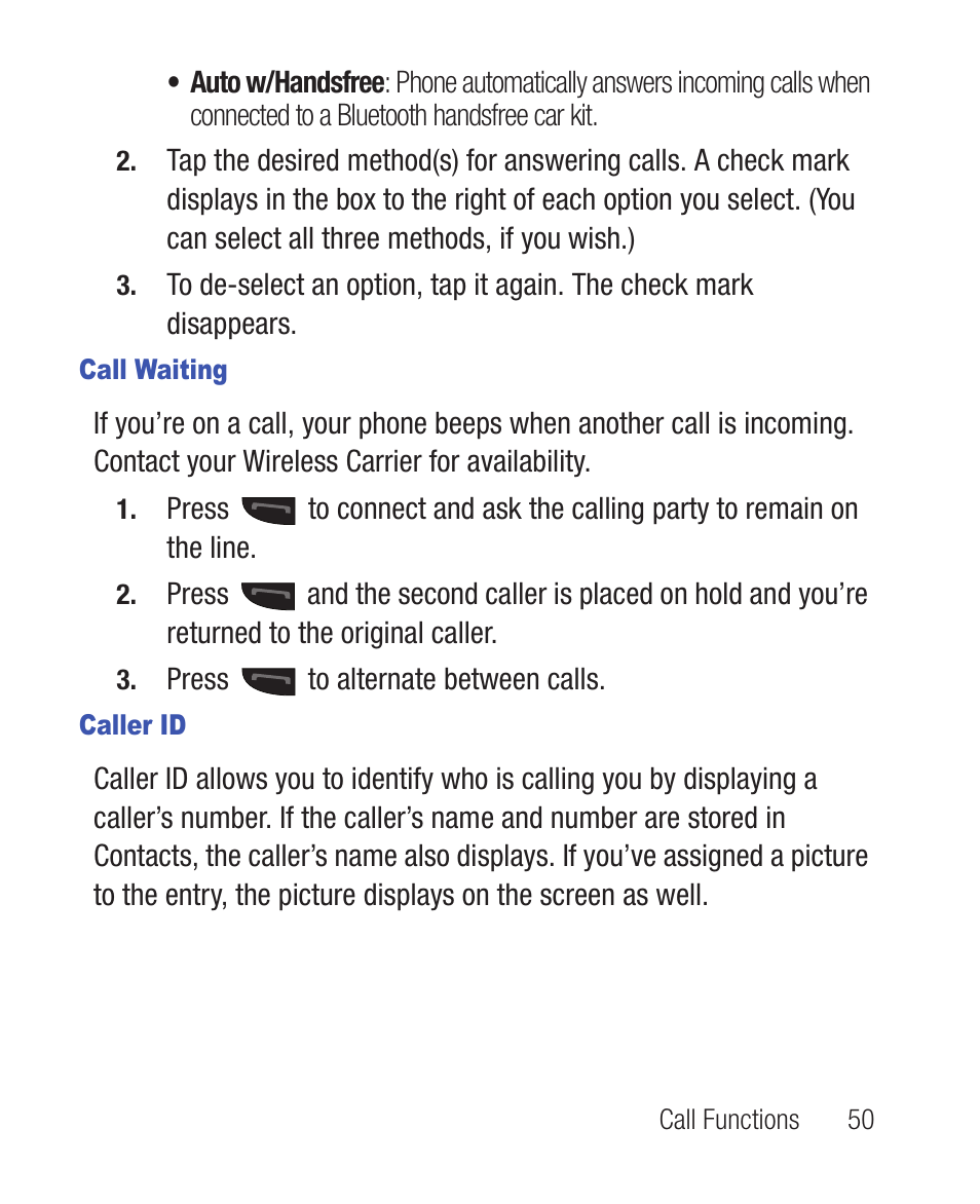 Call waiting, Caller id | Samsung SWC-R640LBAXAR User Manual | Page 55 / 250