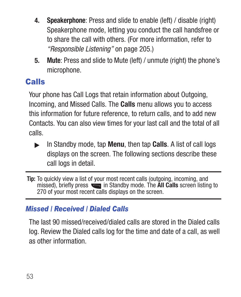 Calls, Missed / received / dialed calls | Samsung SWC-R640LBAXAR User Manual | Page 58 / 250