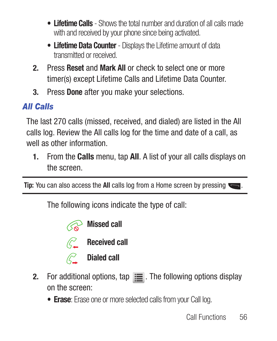 All calls | Samsung SWC-R640LBAXAR User Manual | Page 61 / 250