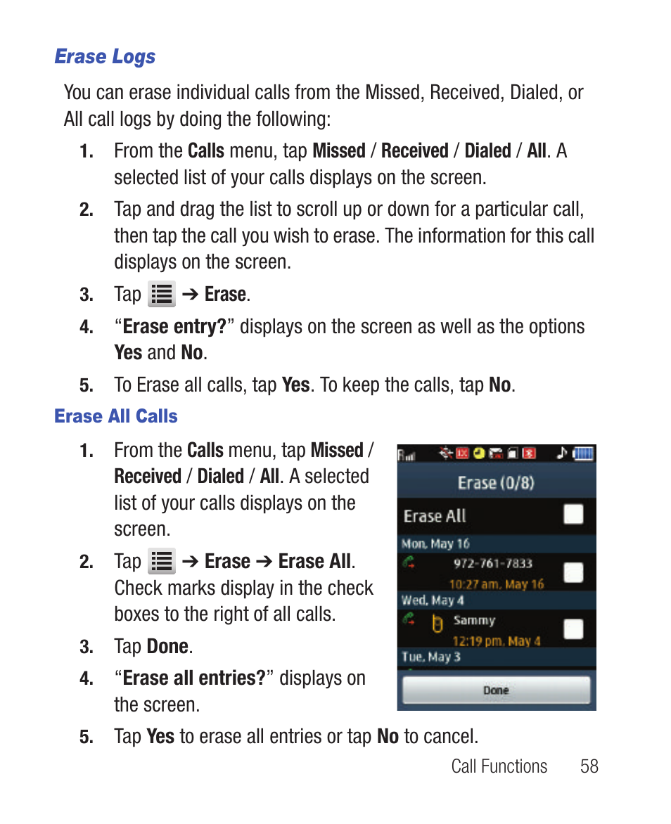 Erase logs, Erase all calls | Samsung SWC-R640LBAXAR User Manual | Page 63 / 250