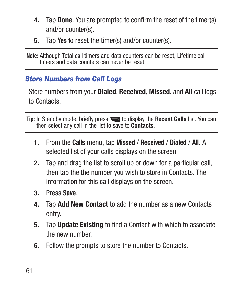 Store numbers from call logs | Samsung SWC-R640LBAXAR User Manual | Page 66 / 250