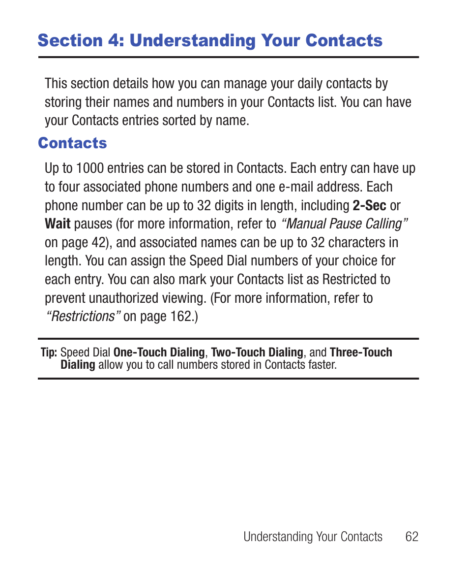 Section 4: understanding your contacts, Contacts | Samsung SWC-R640LBAXAR User Manual | Page 67 / 250