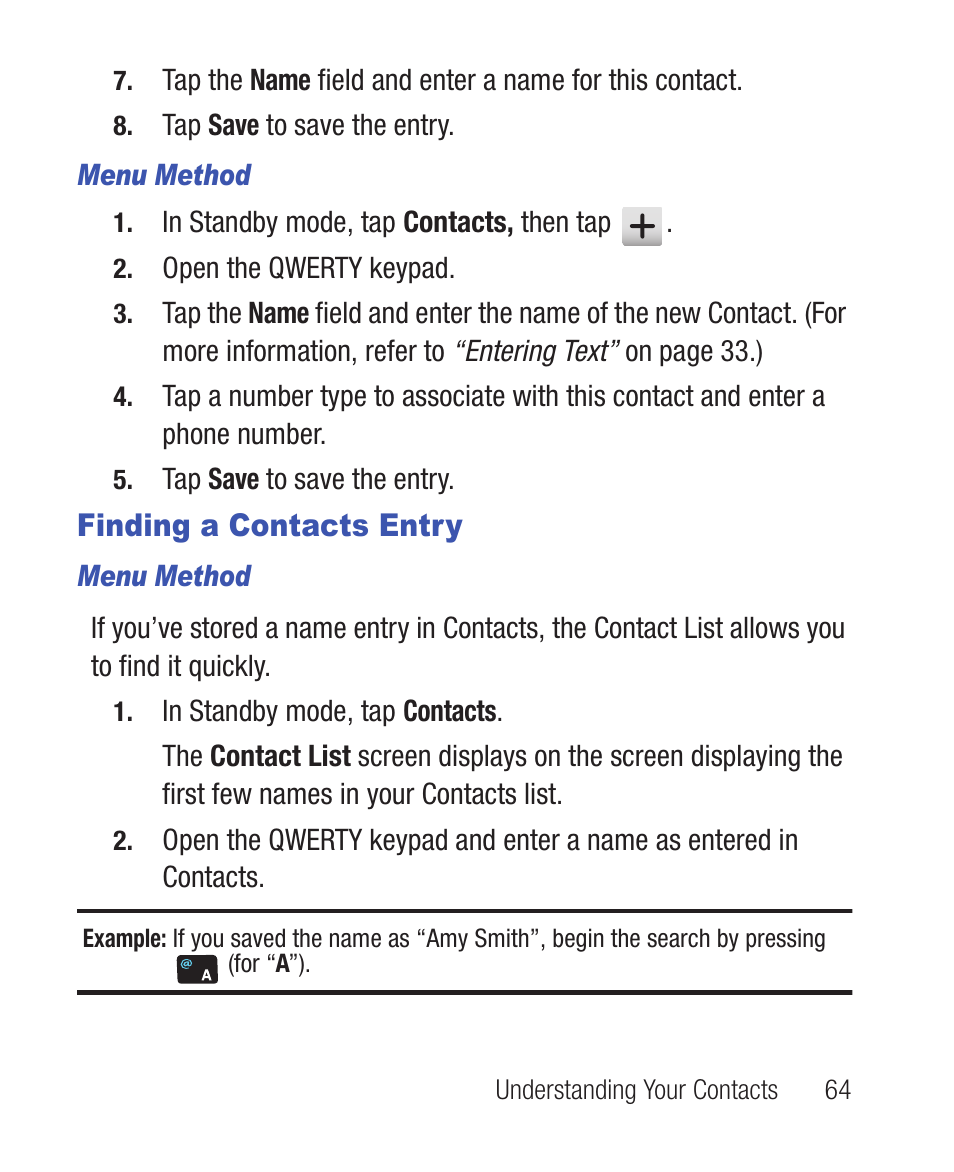 Menu method, Finding a contacts entry | Samsung SWC-R640LBAXAR User Manual | Page 69 / 250