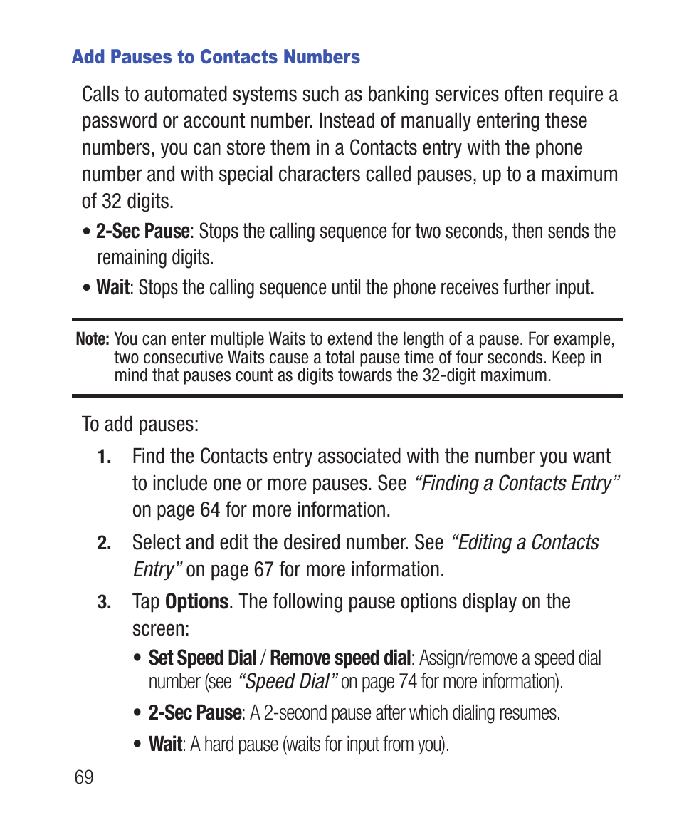 Add pauses to contacts numbers | Samsung SWC-R640LBAXAR User Manual | Page 74 / 250