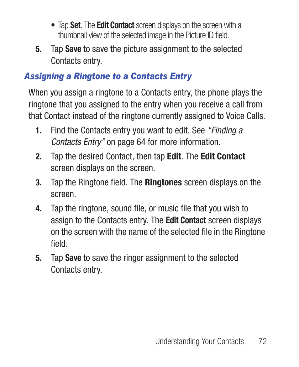 Assigning a ringtone to a contacts entry | Samsung SWC-R640LBAXAR User Manual | Page 77 / 250
