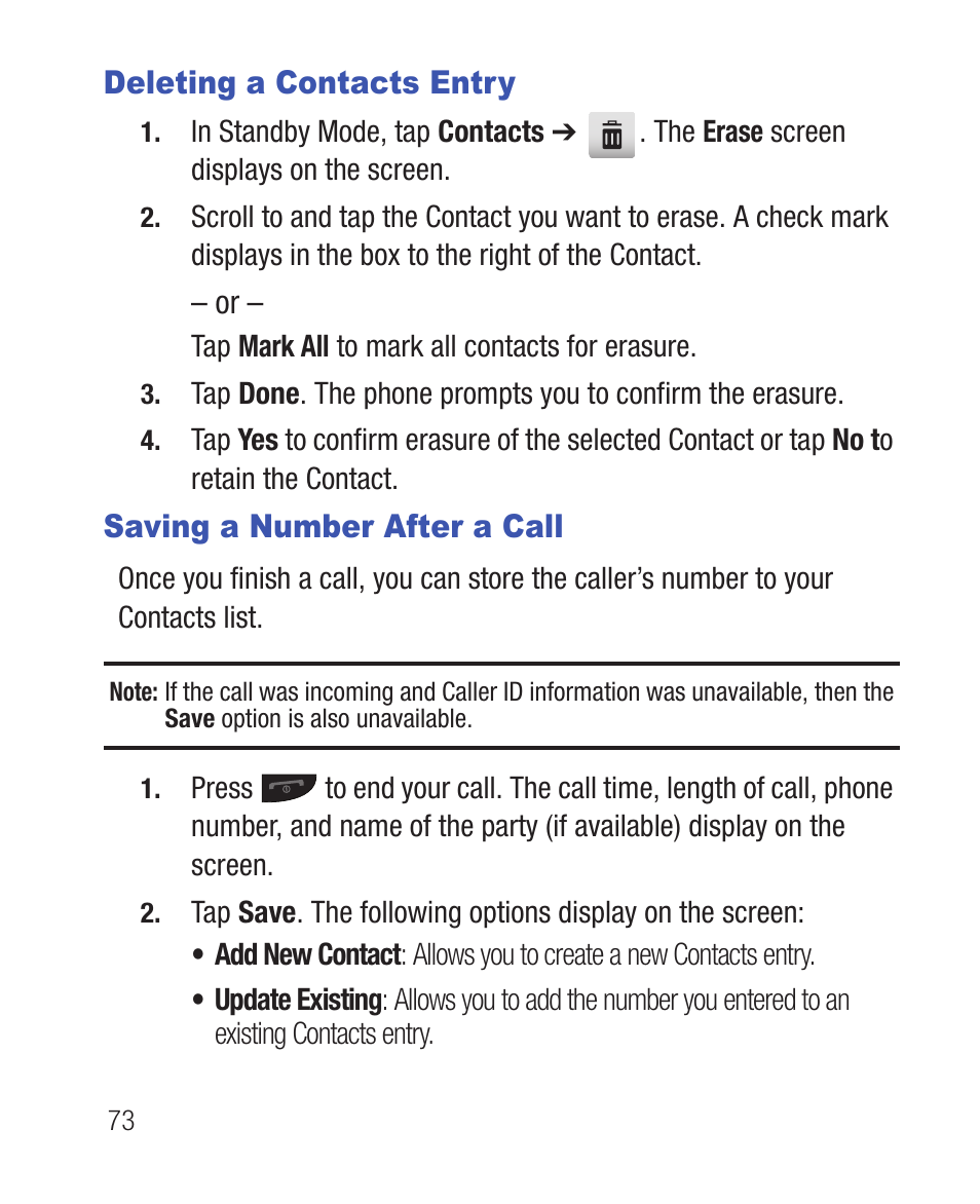 Deleting a contacts entry, Saving a number after a call | Samsung SWC-R640LBAXAR User Manual | Page 78 / 250