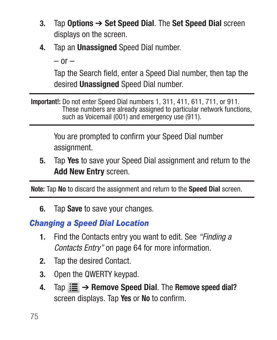 Changing a speed dial location | Samsung SWC-R640LBAXAR User Manual | Page 80 / 250