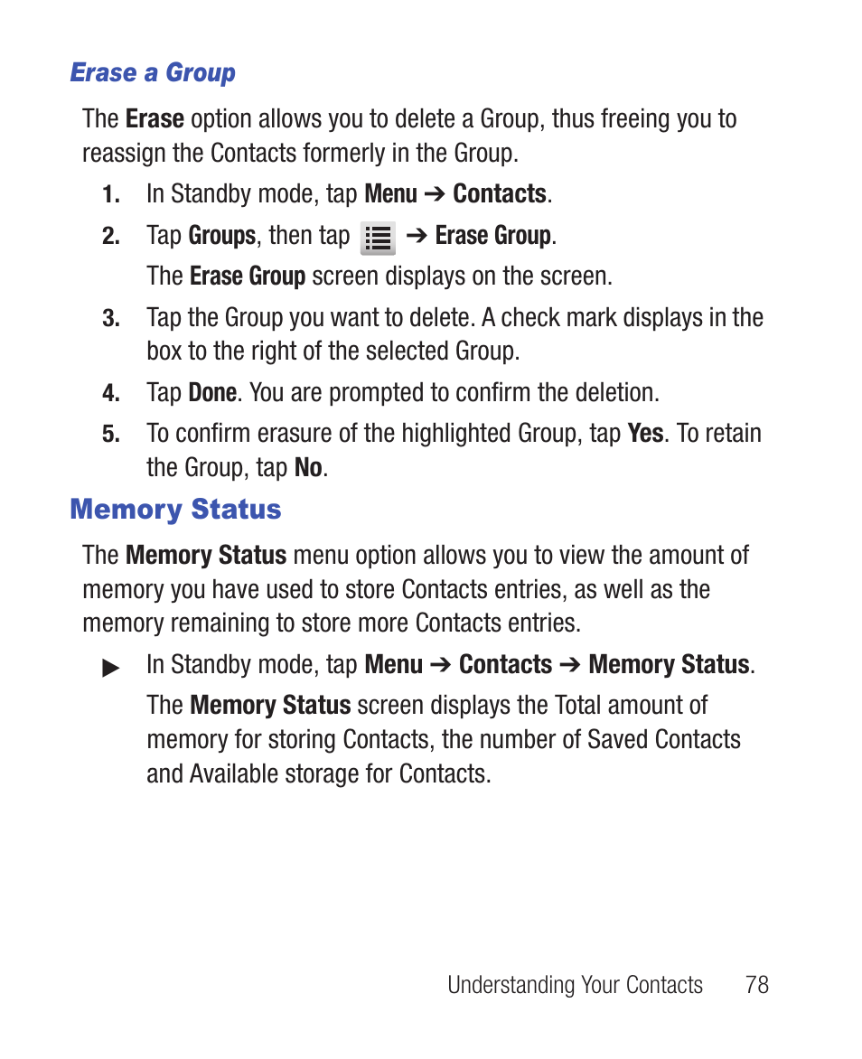 Erase a group, Memory status | Samsung SWC-R640LBAXAR User Manual | Page 83 / 250