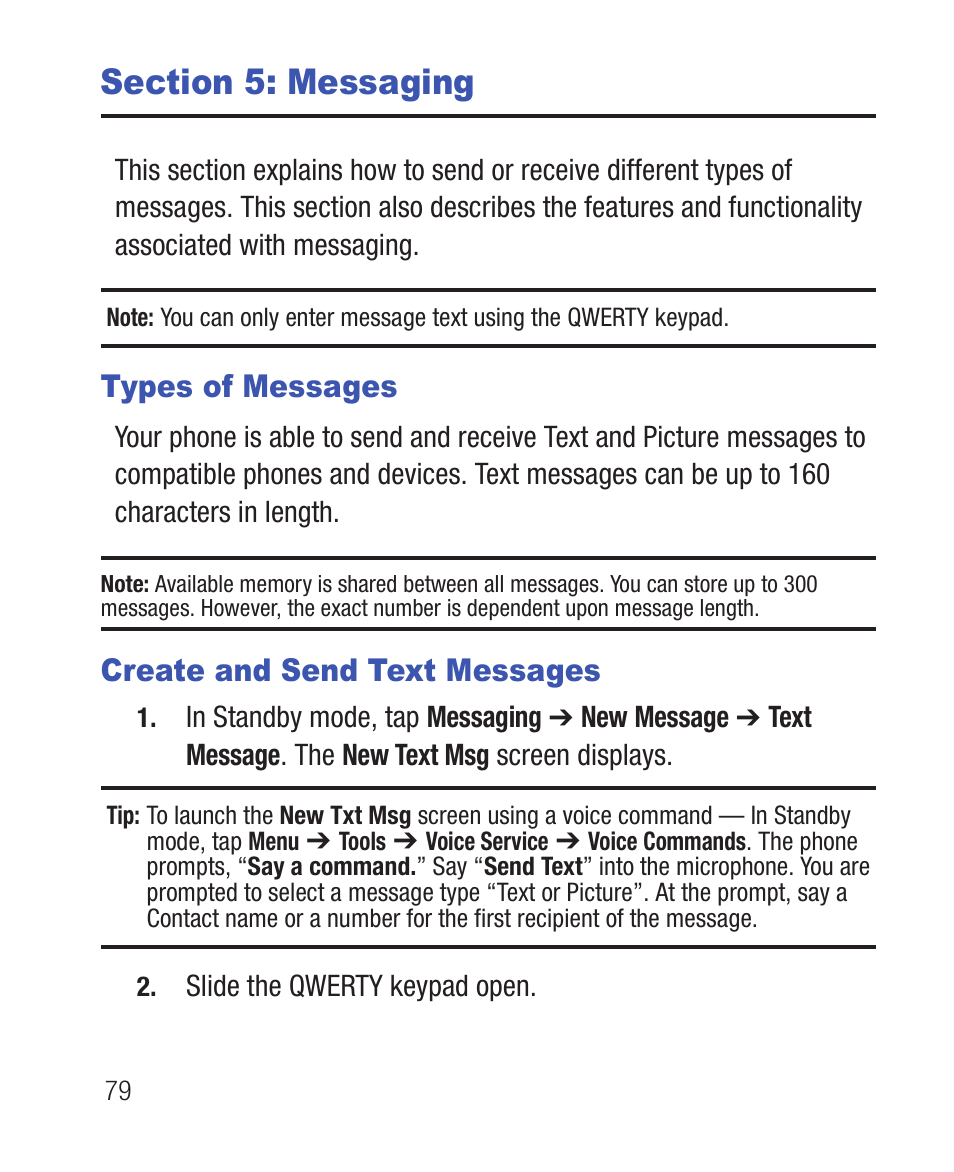 Section 5: messaging, Types of messages, Create and send text messages | Types of messages create and send text messages, For more information, refer to | Samsung SWC-R640LBAXAR User Manual | Page 84 / 250