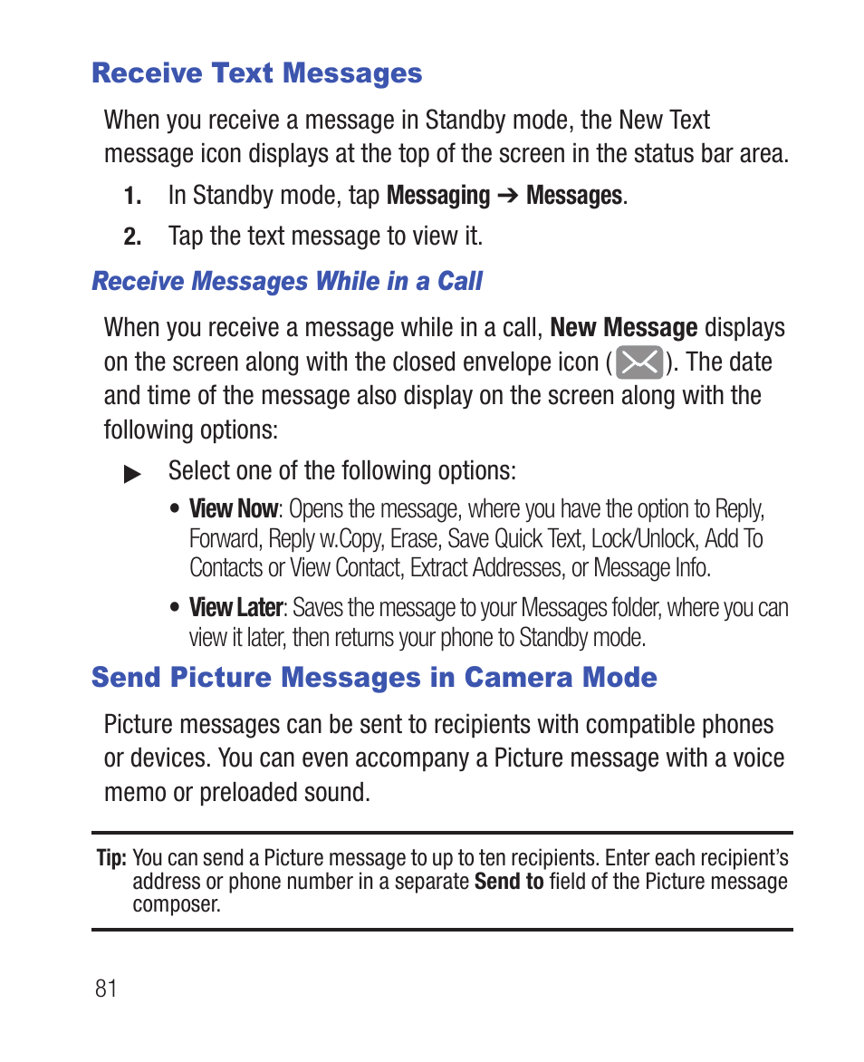 Receive text messages, Receive messages while in a call, Send picture messages in camera mode | Samsung SWC-R640LBAXAR User Manual | Page 86 / 250