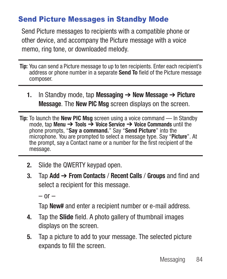 Send picture messages in standby mode | Samsung SWC-R640LBAXAR User Manual | Page 89 / 250