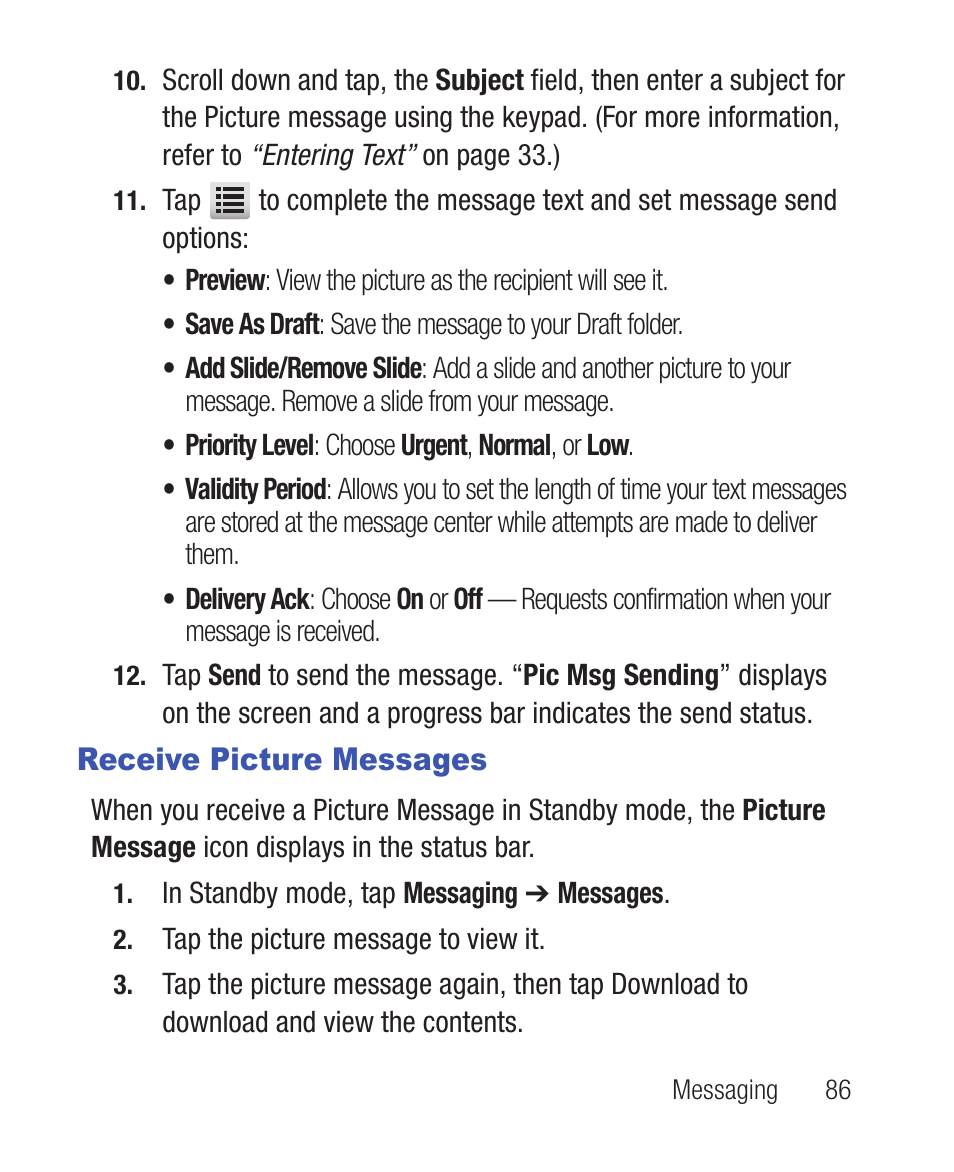 Receive picture messages | Samsung SWC-R640LBAXAR User Manual | Page 91 / 250