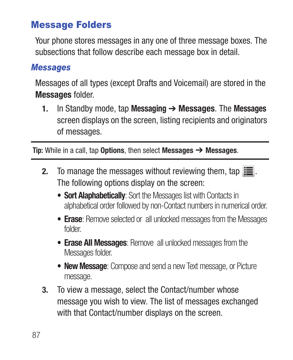 Message folders, Messages | Samsung SWC-R640LBAXAR User Manual | Page 92 / 250