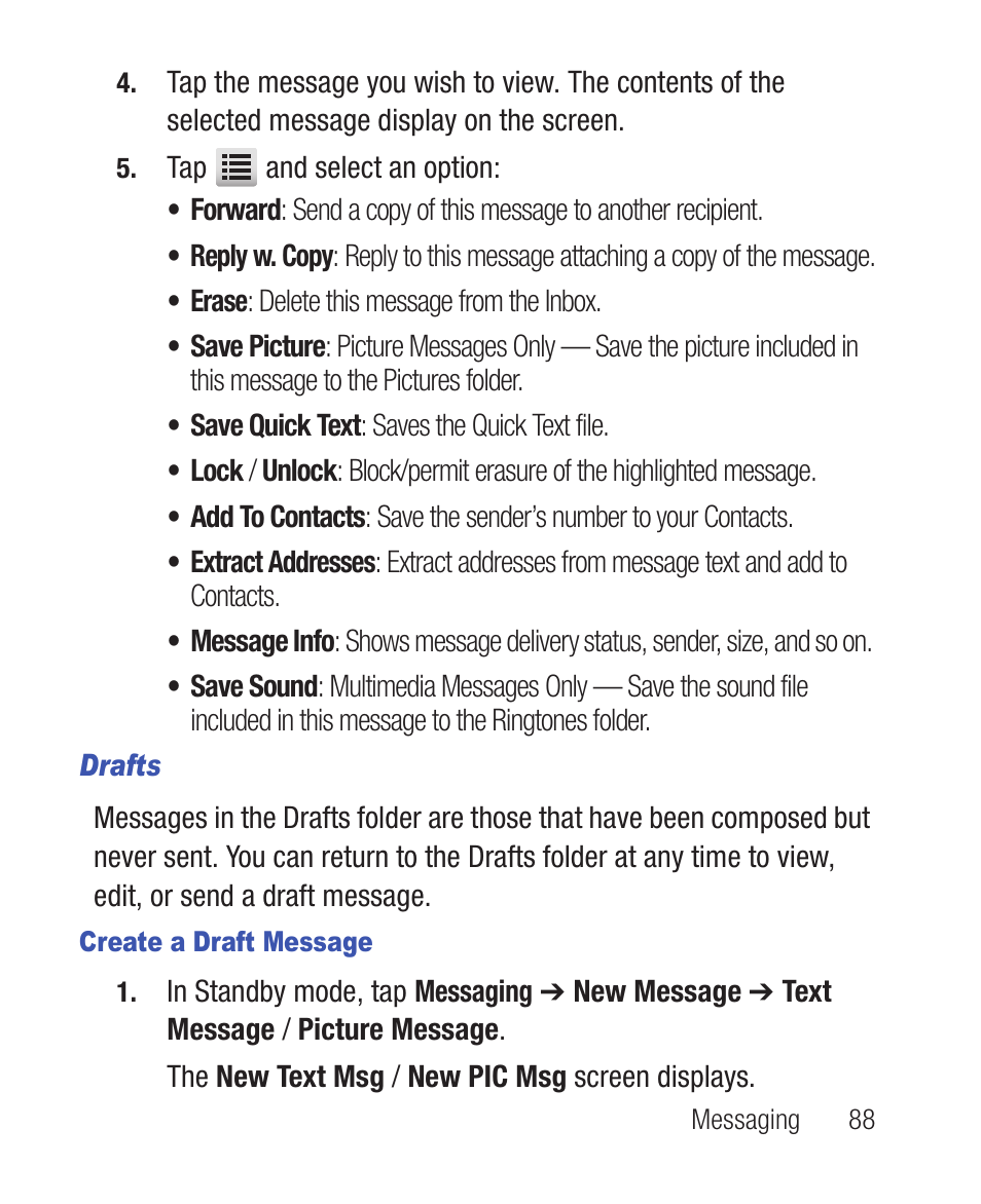 Drafts, Create a draft message | Samsung SWC-R640LBAXAR User Manual | Page 93 / 250