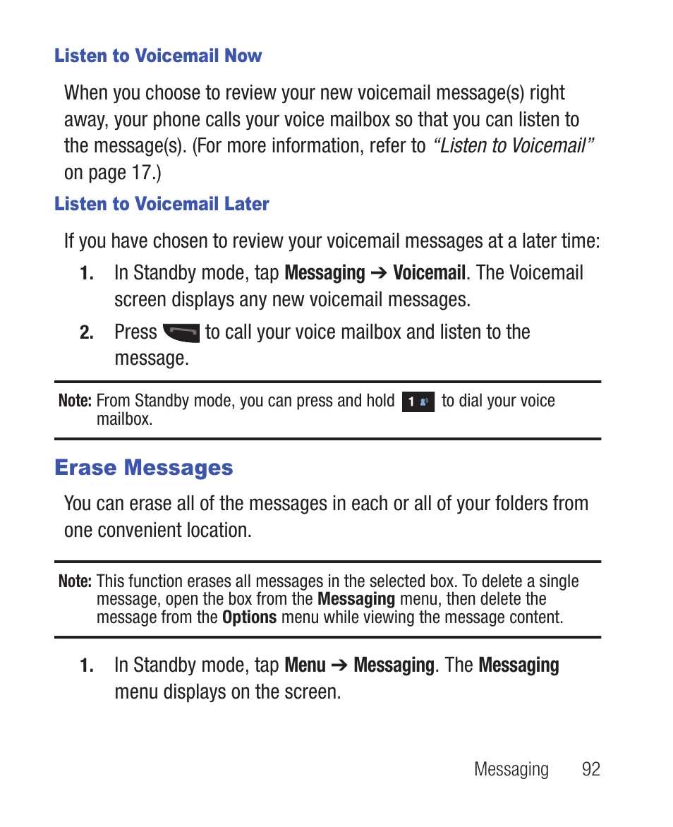 Listen to voicemail now, Listen to voicemail later, Erase messages | Samsung SWC-R640LBAXAR User Manual | Page 97 / 250