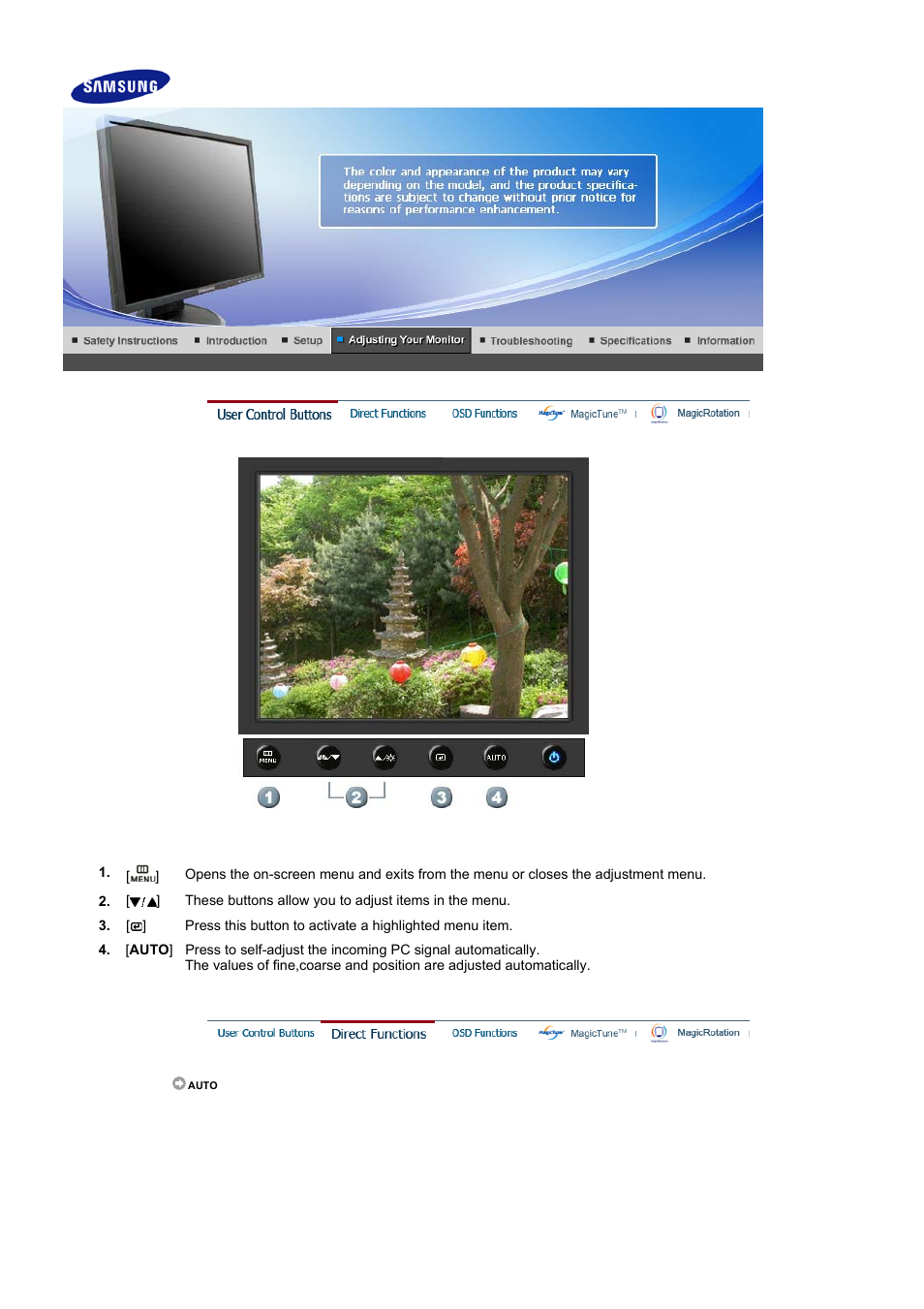 Adjusting your monitor, User control buttons, Direct functions | Samsung LS17HAHTS2-XAZ User Manual | Page 25 / 63