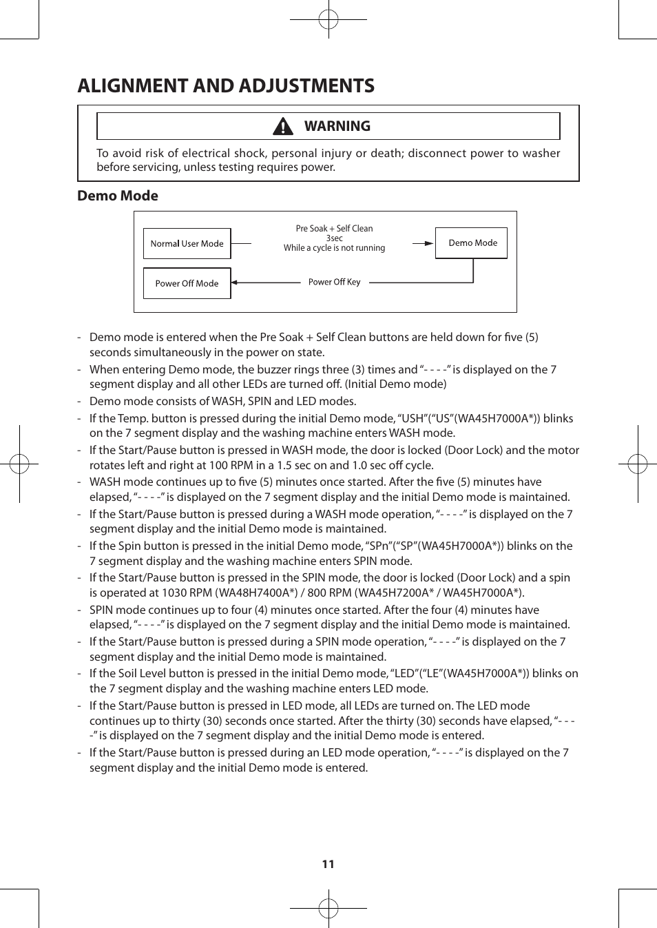 Alignment and adjustments, Demo mode, Warning | Samsung WA48H7400AW-A2 User Manual | Page 11 / 60