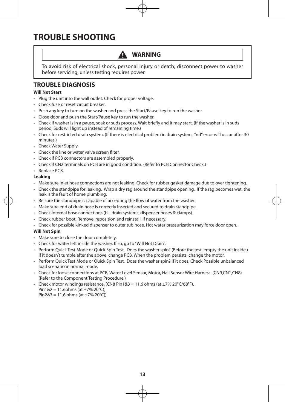 Trouble shooting, Trouble diagnosis, Warning | Samsung WA48H7400AW-A2 User Manual | Page 13 / 60