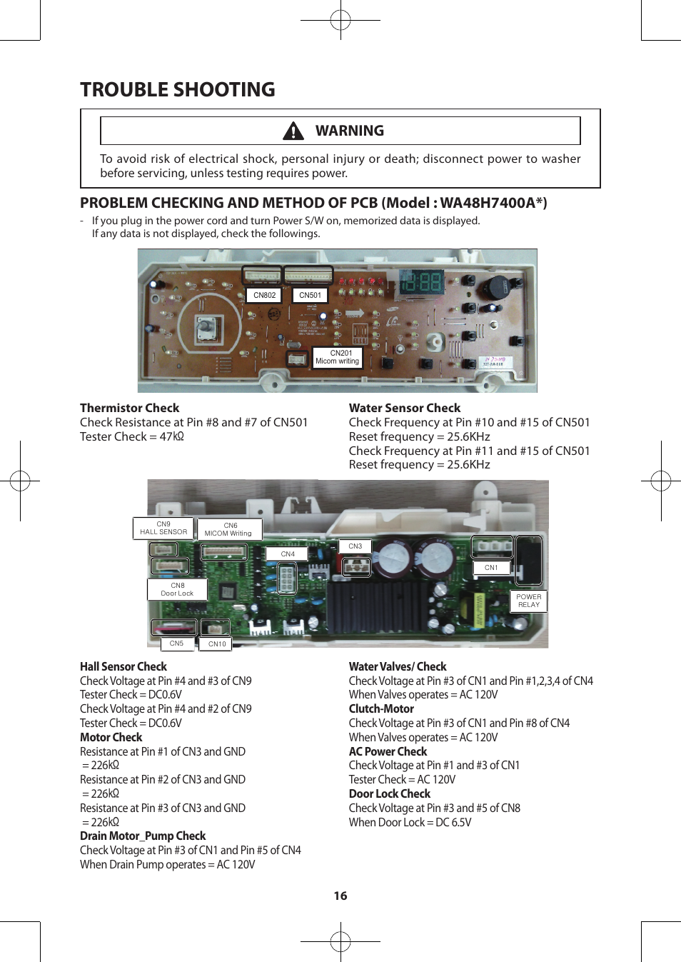 Trouble shooting, Warning | Samsung WA48H7400AW-A2 User Manual | Page 16 / 60