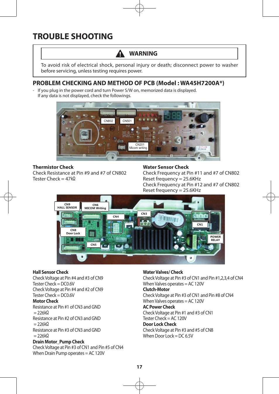 Trouble shooting, Warning | Samsung WA48H7400AW-A2 User Manual | Page 17 / 60