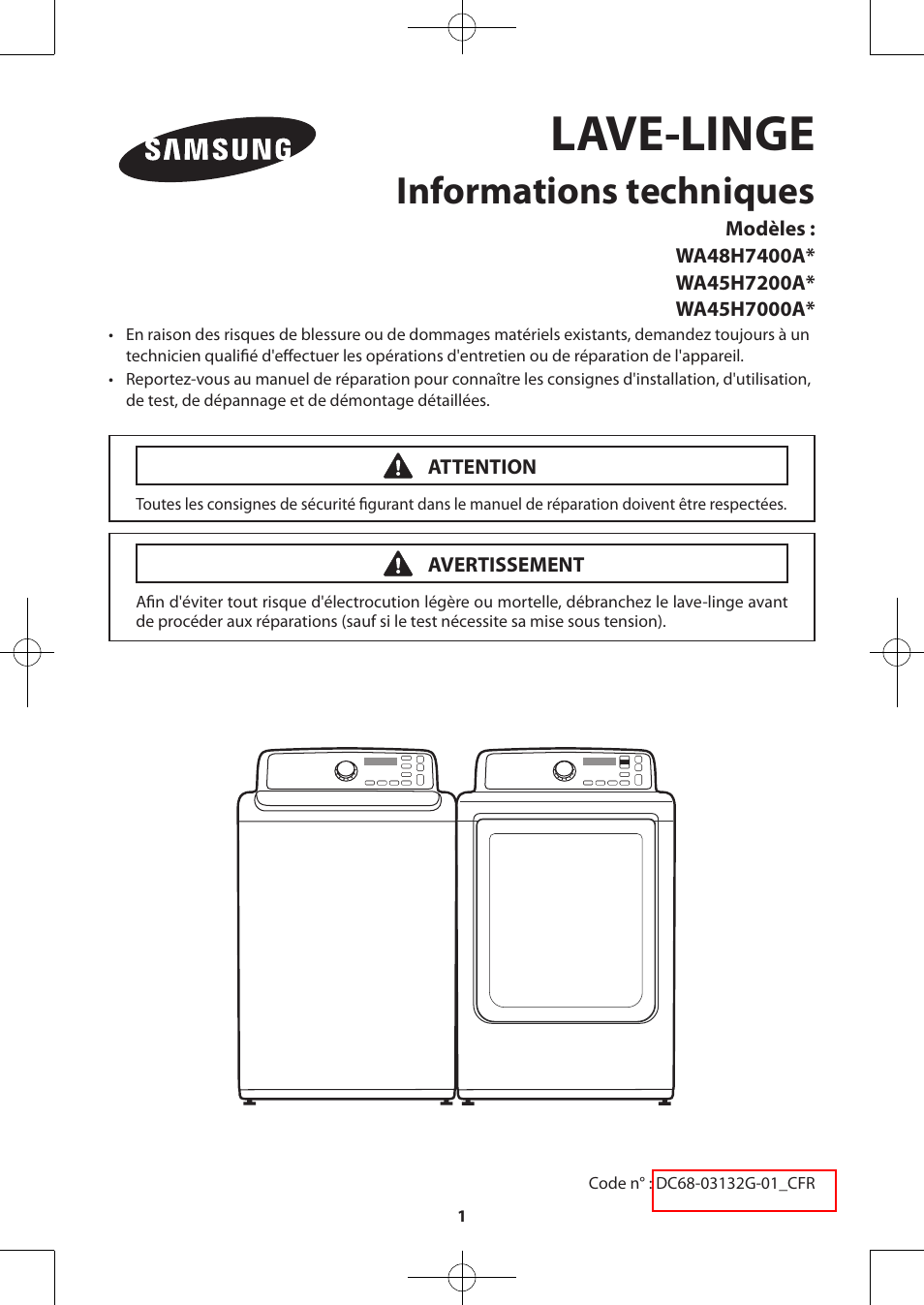 Lave-linge, Informations techniques | Samsung WA48H7400AW-A2 User Manual | Page 21 / 60