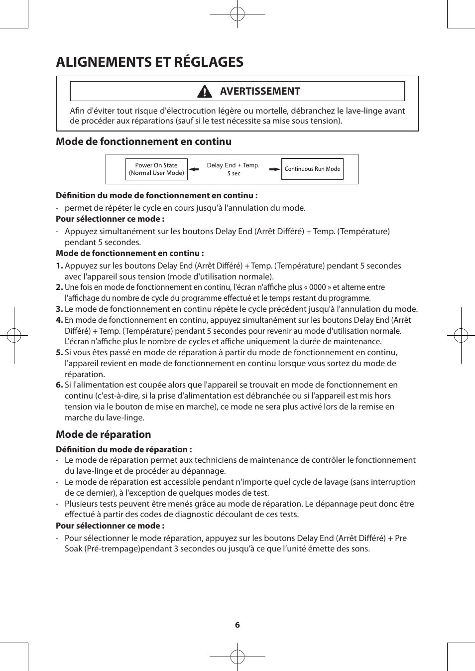 Alignements et réglages, Mode de fonctionnement en continu, Mode de réparation | Avertissement | Samsung WA48H7400AW-A2 User Manual | Page 26 / 60