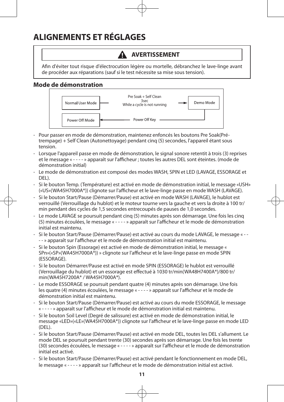 Alignements et réglages, Mode de démonstration, Avertissement | Samsung WA48H7400AW-A2 User Manual | Page 31 / 60