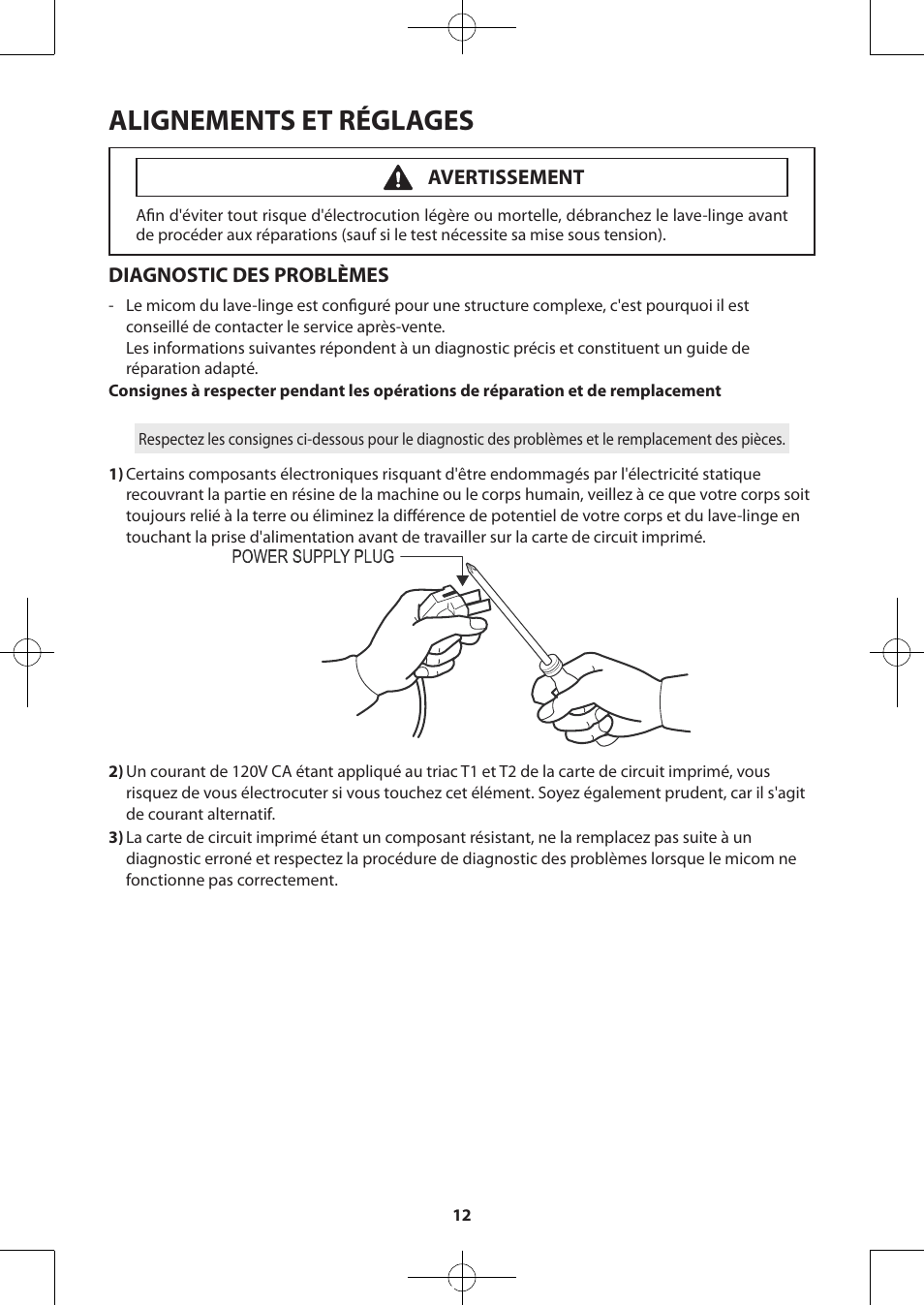 Alignements et réglages, Diagnostic des problèmes, Avertissement | Samsung WA48H7400AW-A2 User Manual | Page 32 / 60